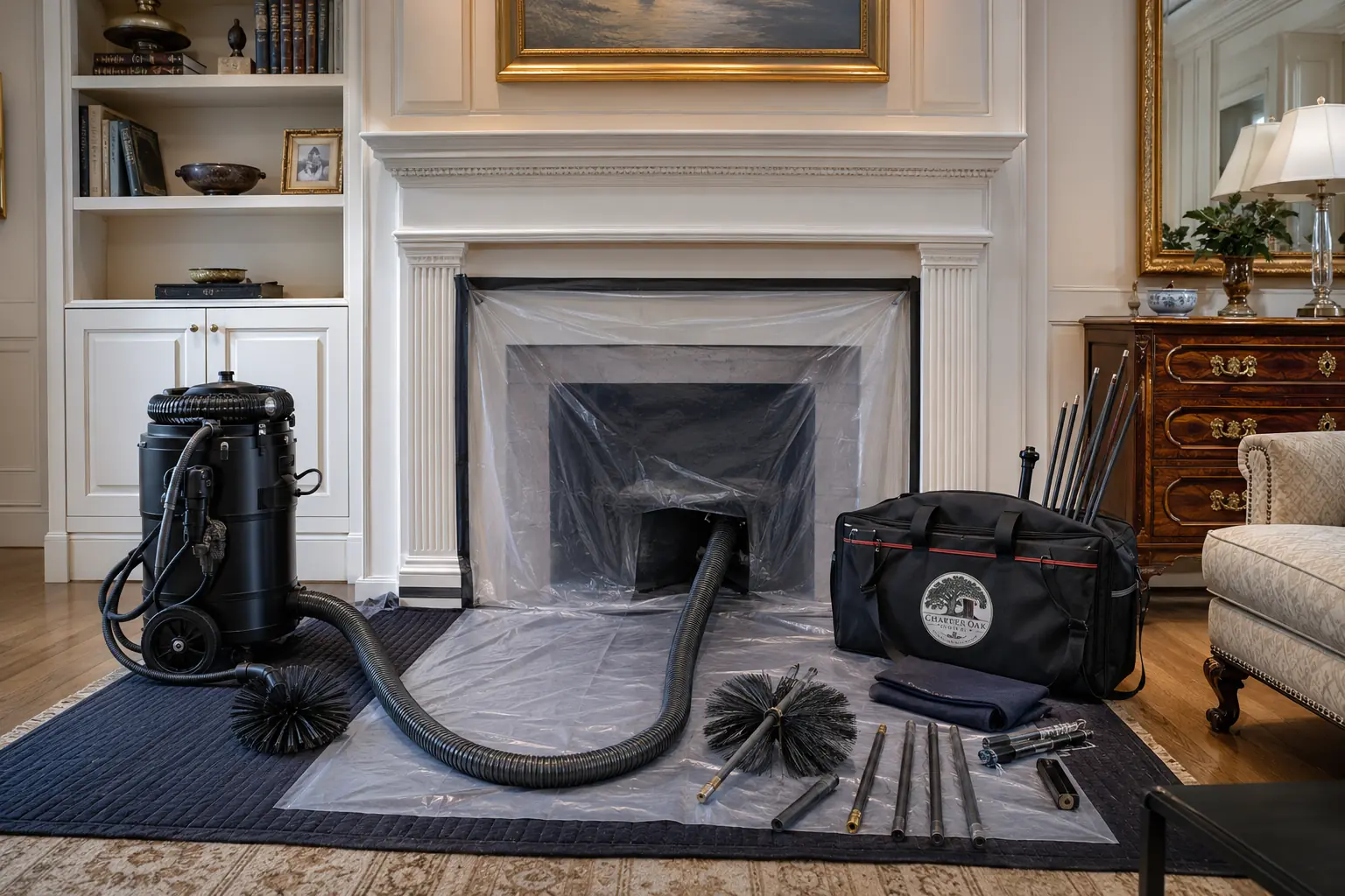Chimney cleaning with floor protection